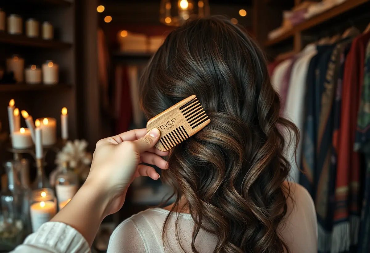 Un homme tient un peigne en bois et caresse ses cheveux dans une boutique parfumée