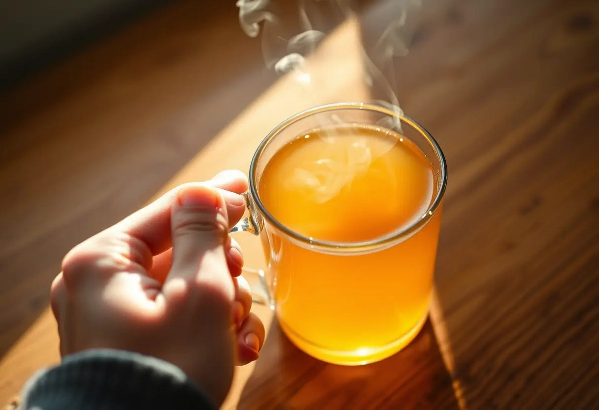Une main tenant une tasse de thé herbagé, dans la boutique du plaisir.