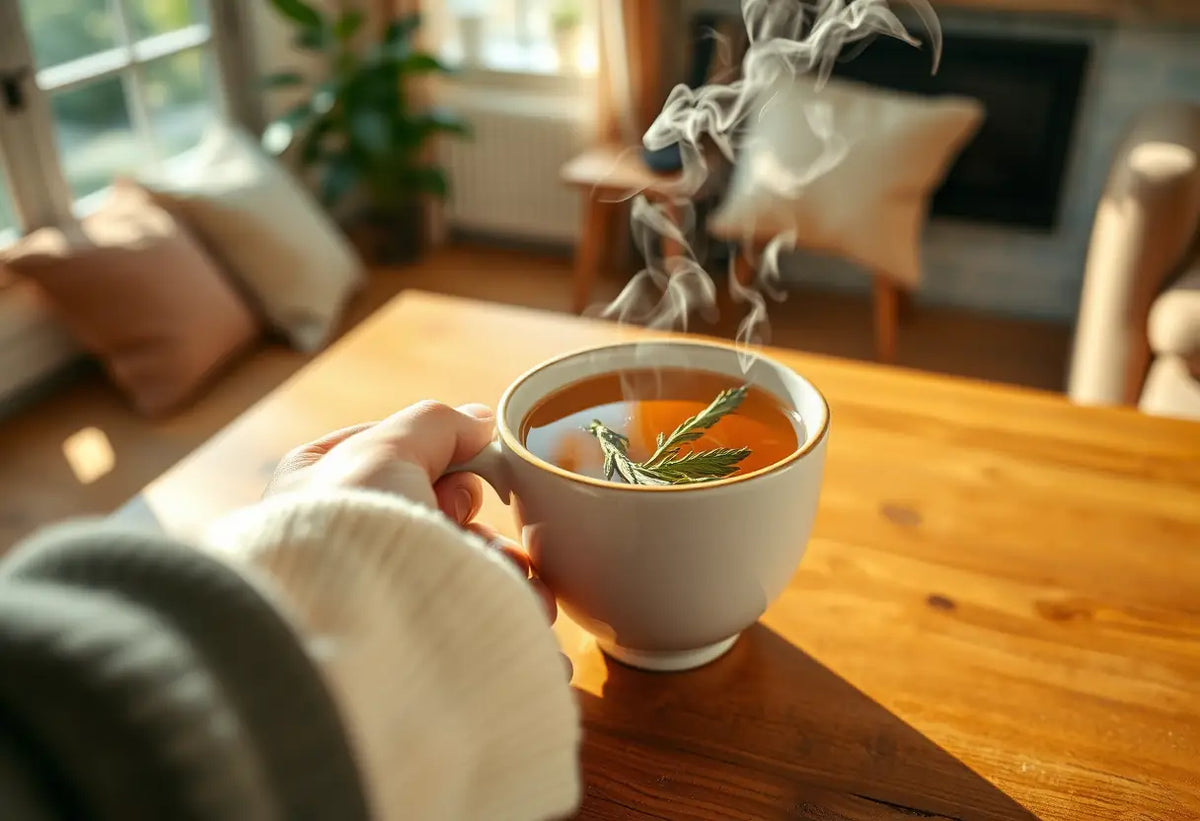 Une main tenant une tasse de thé herbagère dans un salon accueillant, thématique de la libido masculine