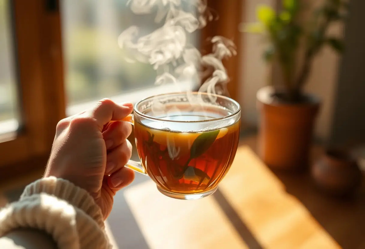 Une main tenant une tasse de thé aux herbes, apportant chaleur et confort