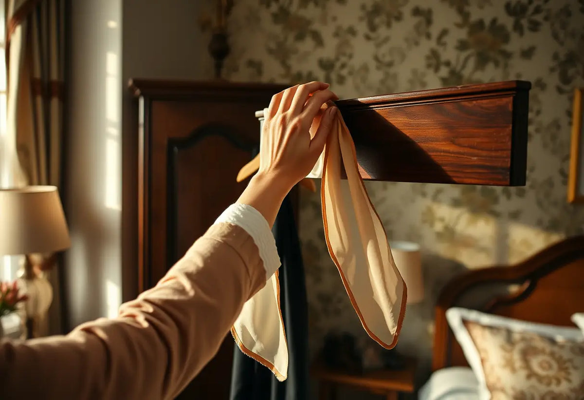 Une main posant une écharpe en soie sur un porte-manteau en bois