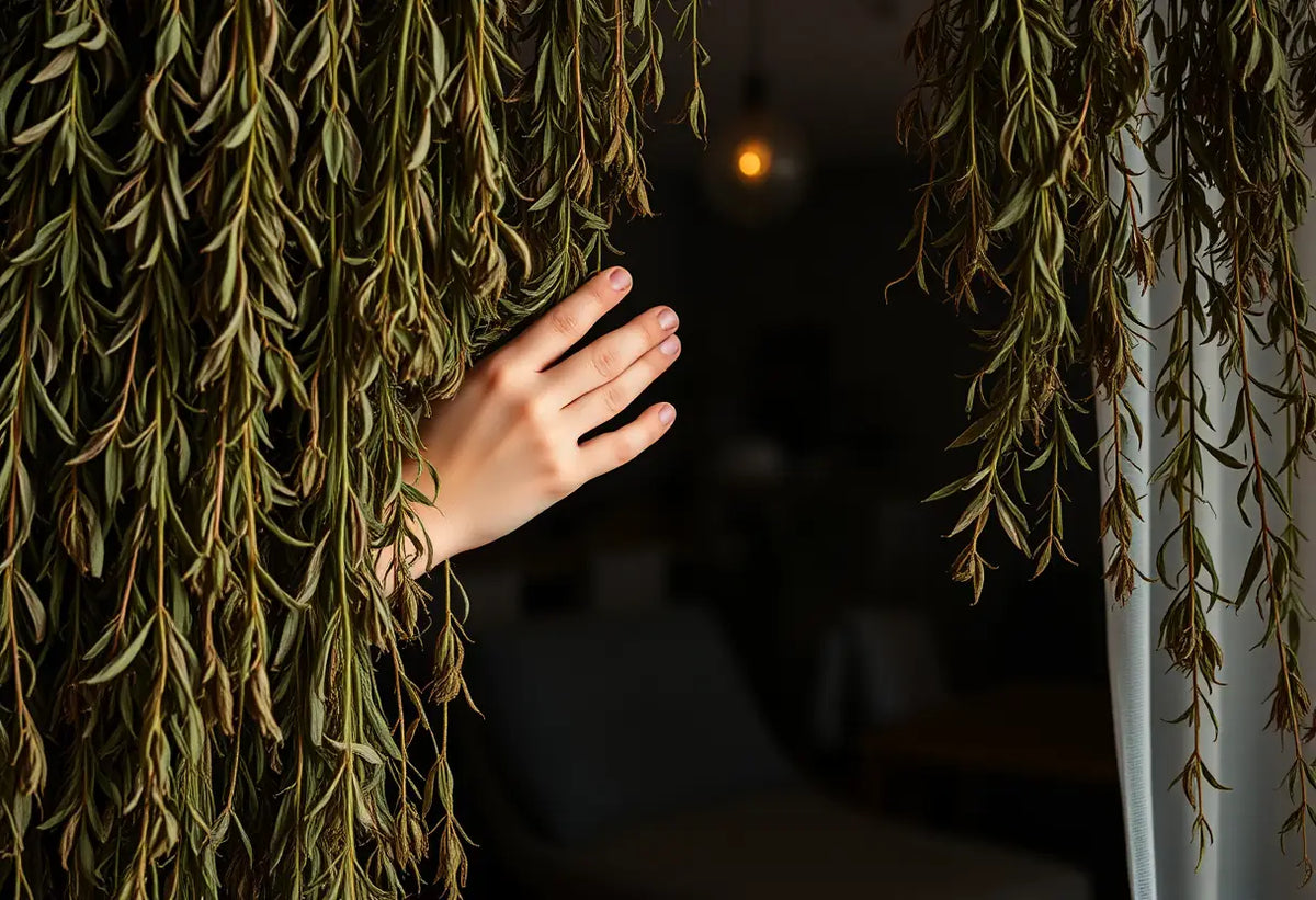 Une main derrière un rideau d'herbes sèches dans un espace accueillant