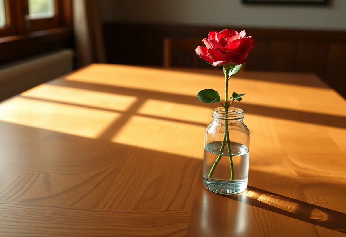 Un couvert avec une rose rouge sur une table en bois