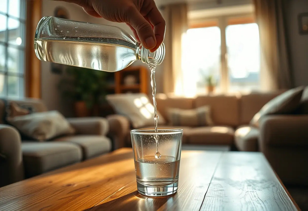 Une main verse un liquide clair dans un verre, lumière naturelle