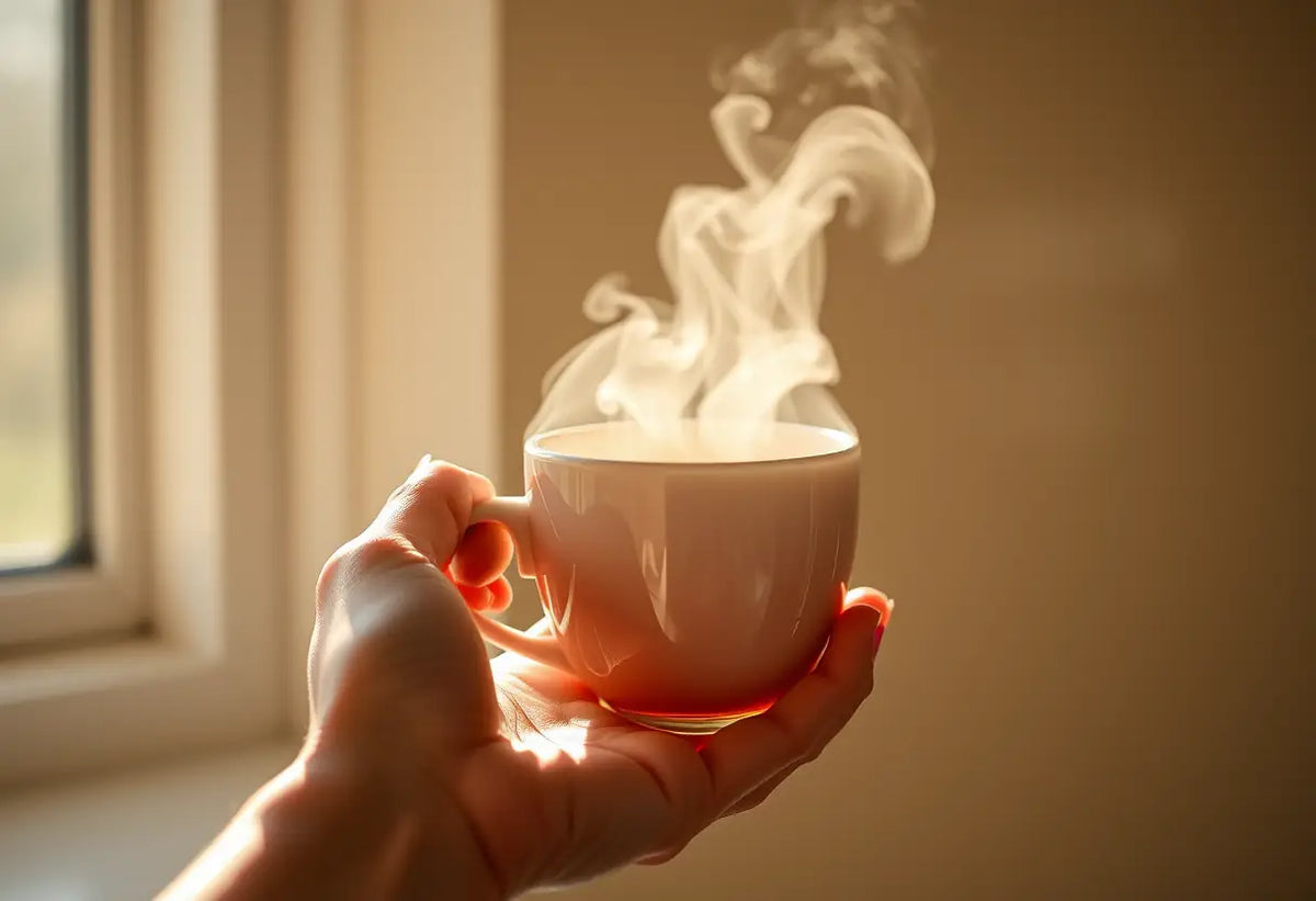 Une main tenant une tasse de thé chaud, évoquant la découverte de soi