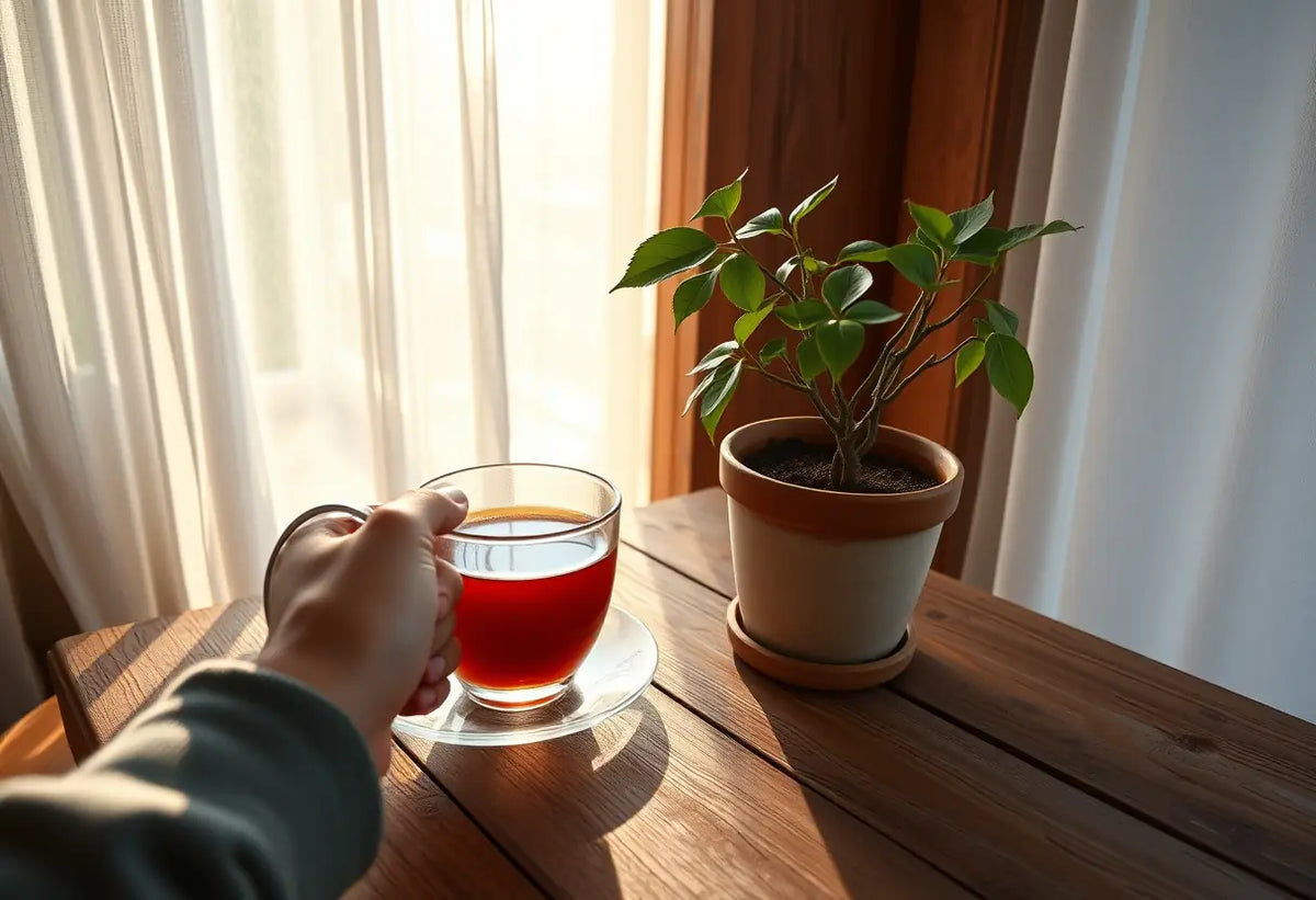Une main tenant une tasse de thé près d'un pot de fleurs sur un bureau en bois rustique, le soleil matinal perce un voilage fin