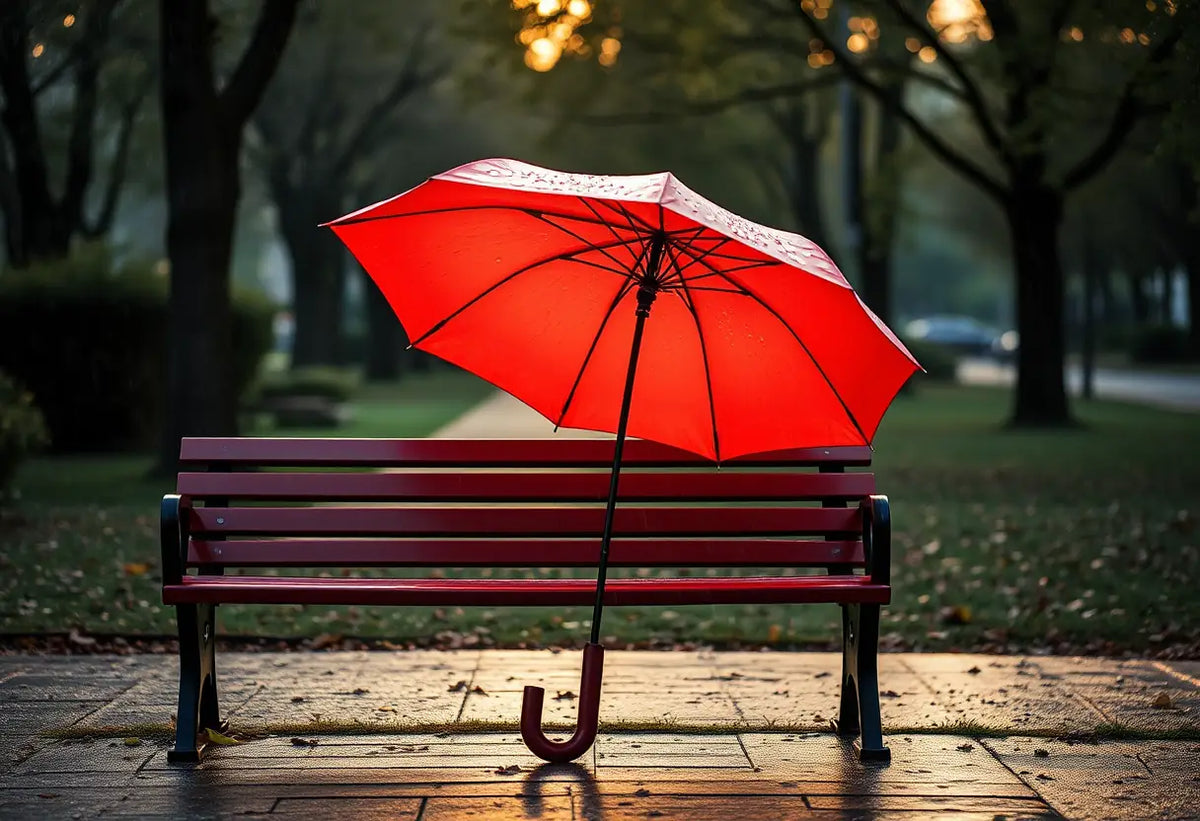 Un parapluie rouge posé seul sur un banc de parc, des gouttes d'eau y restent accrochées dans la lumière du crépuscule