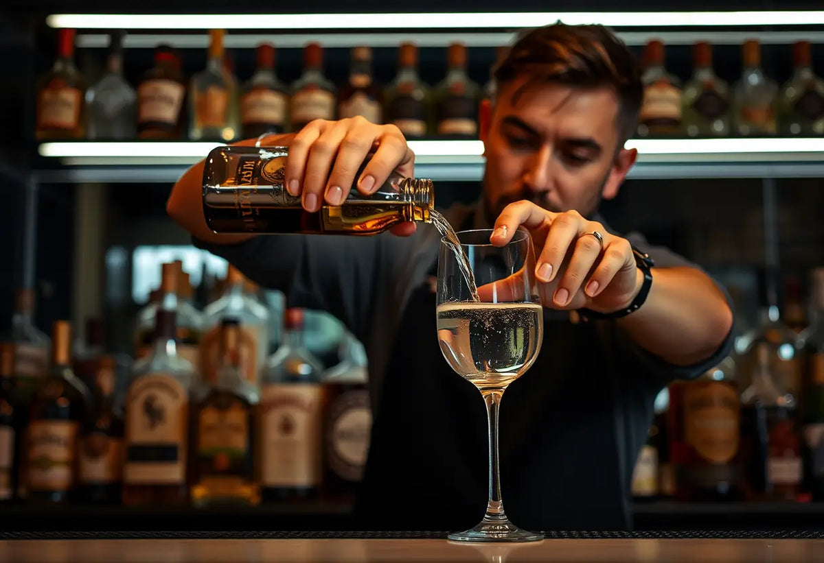 Un barman verse un liquide clair dans un verre, avec des bouteilles derrière, éclairé par la lumière tamisée, pour la séduction dans un bar.