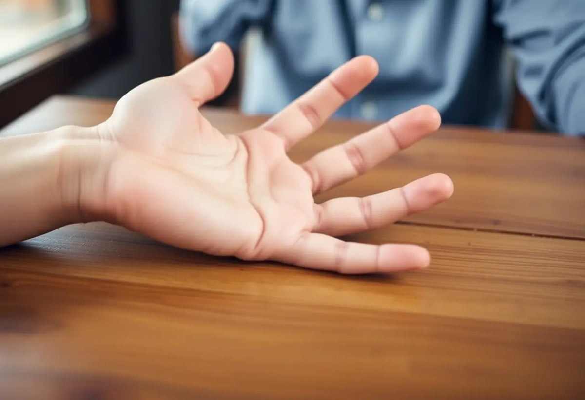 Main de l'article posée sur une table en bois, invitant doucement.