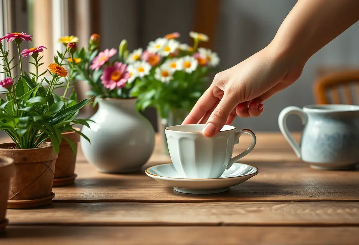 Une main posant délicatement une tasse de céramique sur un plateau dans une atmosphère sereine