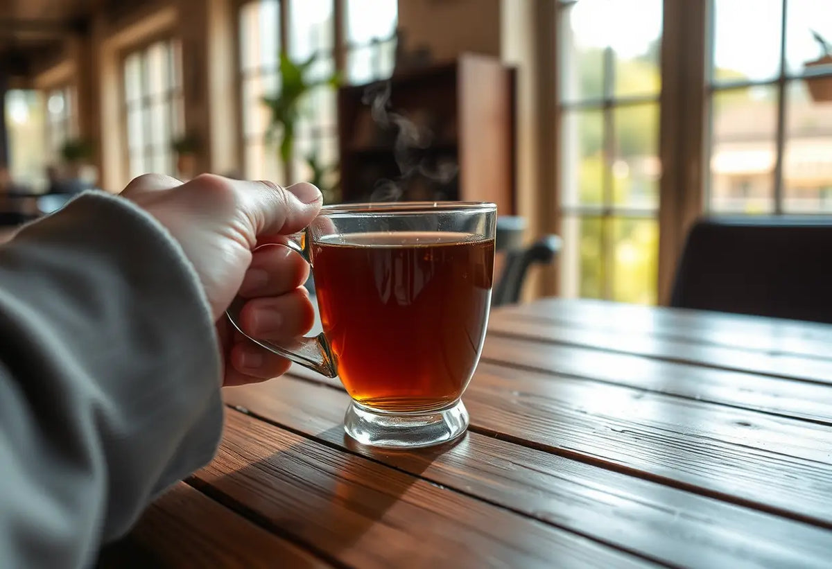 Une main tenant une tasse de thé herbeux dans un café, la lumière du soleil filtre par les fenêtres