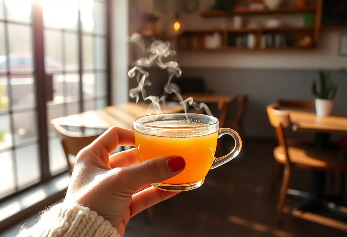 Une main tenant une tasse de thé chaud dans une ambiance chaleureuse, thème des relations intergénérationnelles