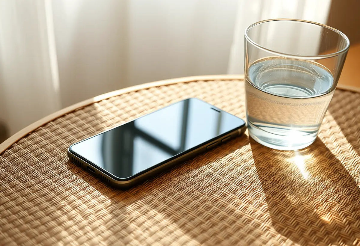 Un smartphone posé sur une table avec une tasse d'eau, sous la lumière naturelle