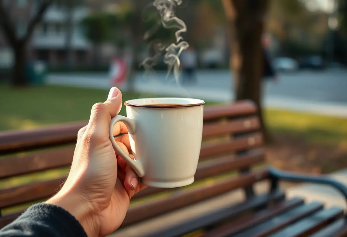 Une main tenant une tasse de café dans un parc urbain