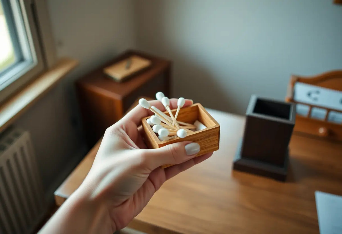 Une main féminine tient une petite boîte en bois contenant des cotons-tiges et du gauze, sur une table en bois, à la maison.