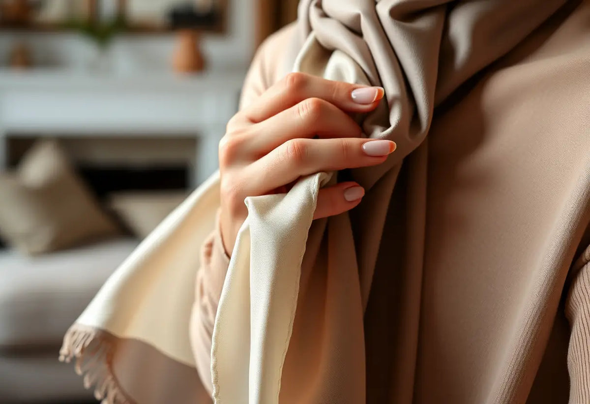 Une main féminine tenant doucement un foulard en soie dans une pièce accueillante, lumières naturelles