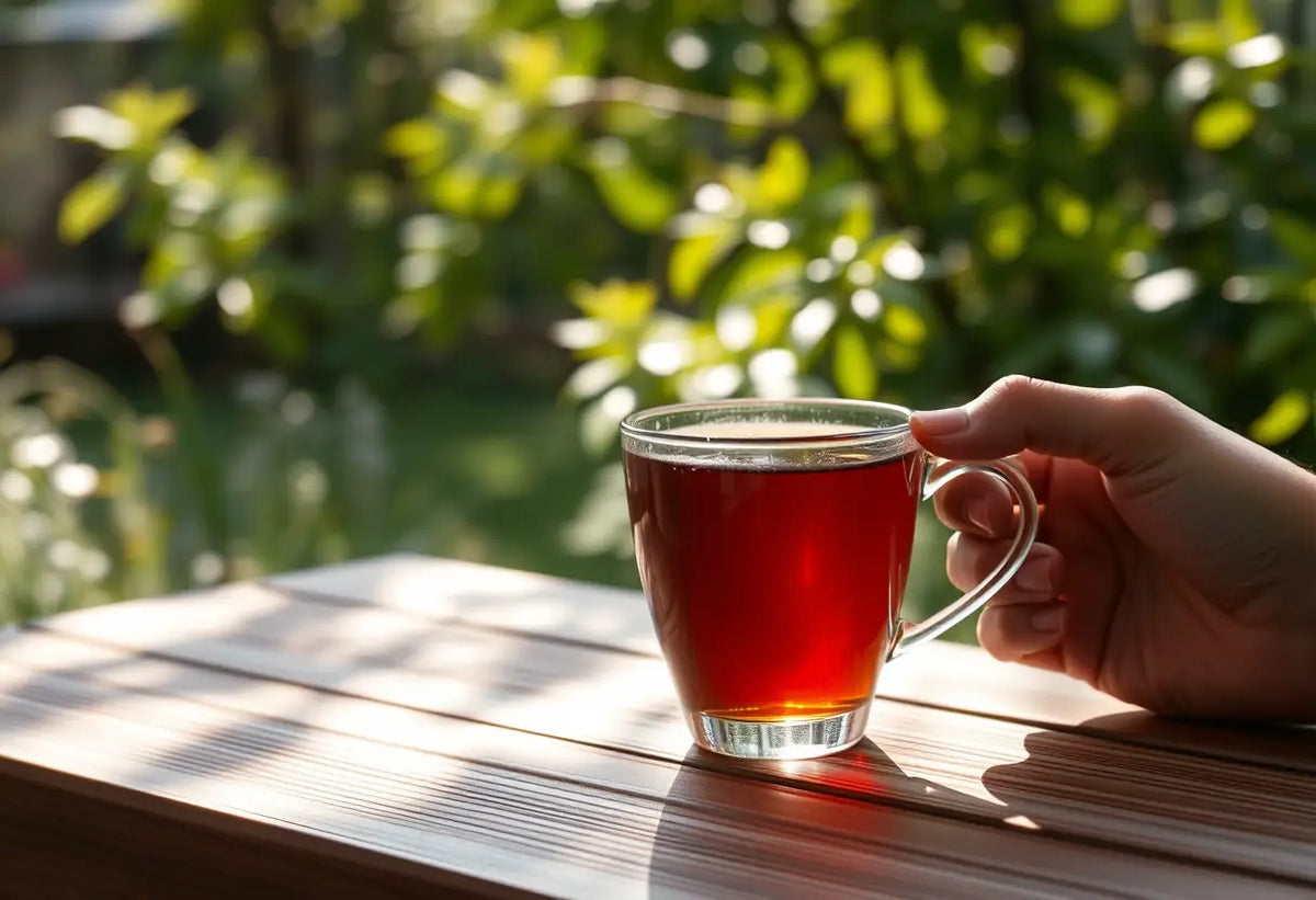 Une main tenant une tasse de thé dans un jardin, soleil entre les feuilles