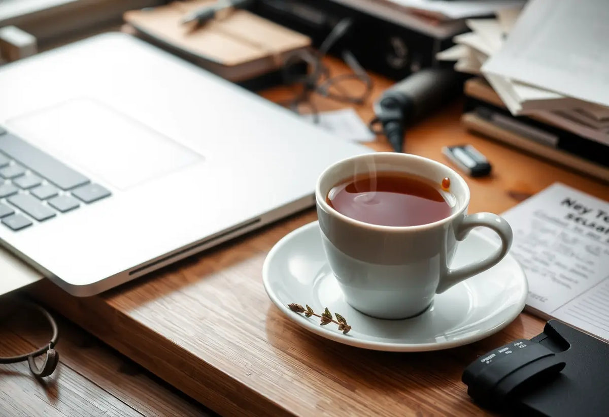 Tasse de thé herbagère près d'un ordinateur portable, illustrant le flirt digital