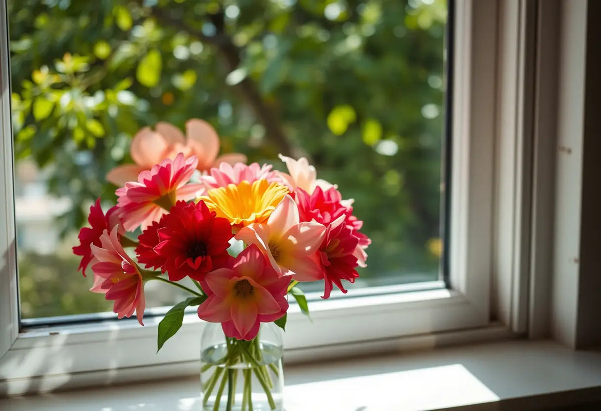 Un bouquet de fleurs fraîches sur un rebord de fenêtre