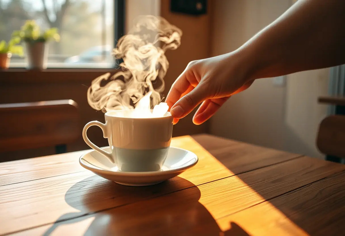 Une main tendue vers une tasse de thé fumant dans un café, lumière naturelle chaude