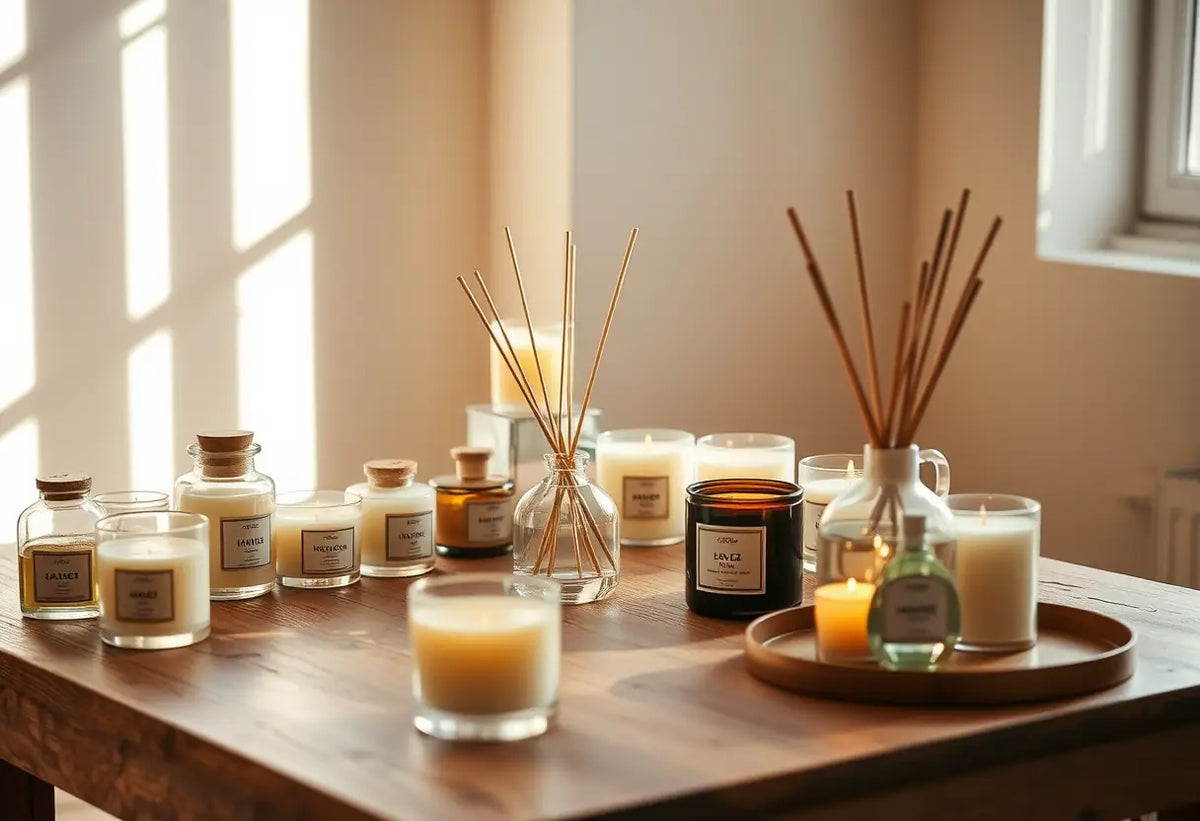 Un bureau avec des bougies parfumées et un diffuseur