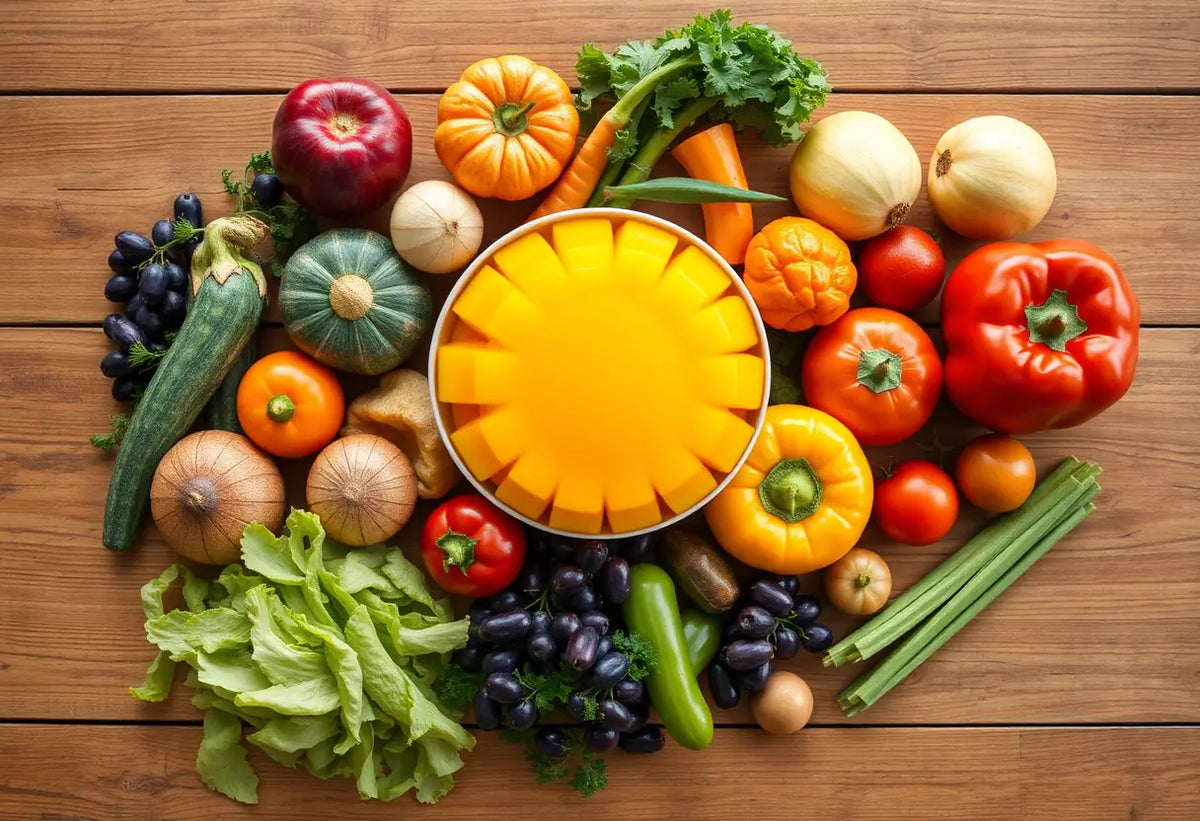 Un plateau de fruits et légumes variés sur une table de cuisine