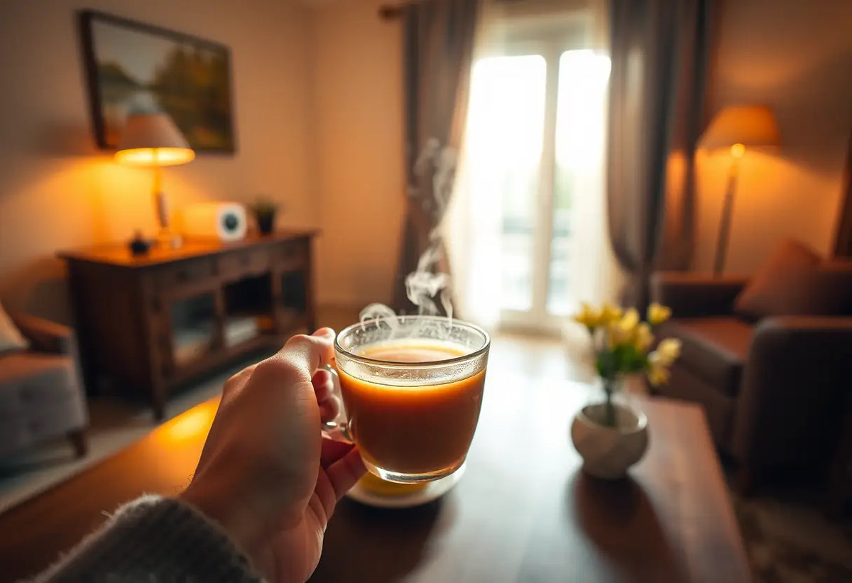 Main dans une tasse de thé, ambiance chaleureuse, magazine de relations et santé