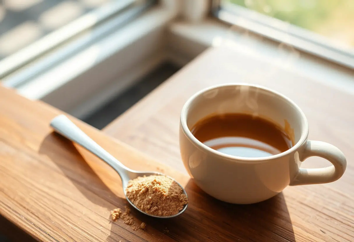 Une cuillère à café pleine de poudre de maca à côté d'une tasse de bois fumante