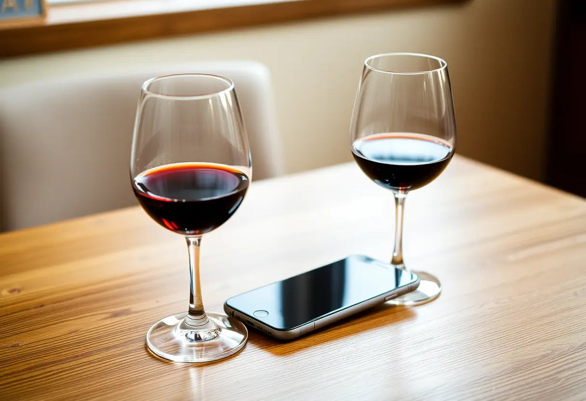 Table dressée pour deux avec deux verres à moitié vides et un téléphone portable
