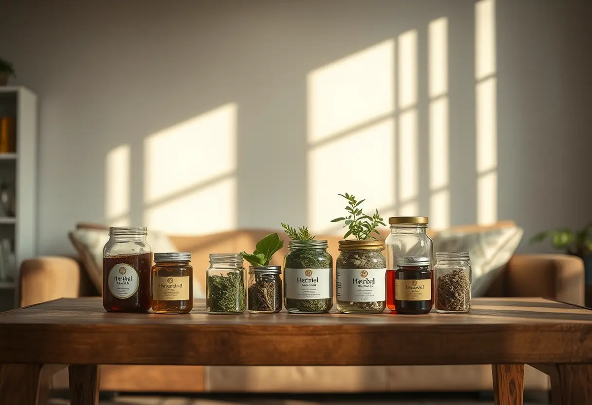 Un guéridon dans un salon présentant des pots d'herbes médicinales pour soulager la sécheresse vaginale.