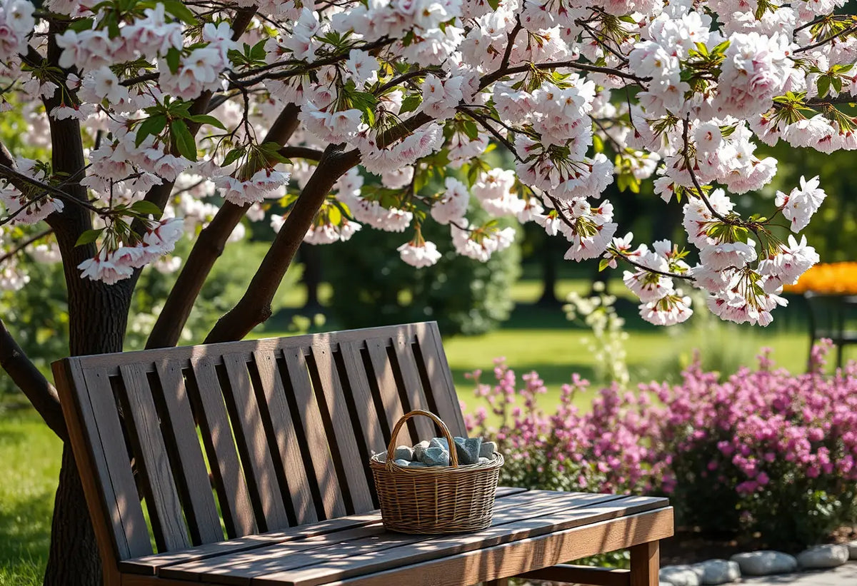 Panier de pierres lisses sur un banc en bois, sous un cerisier en fleur.