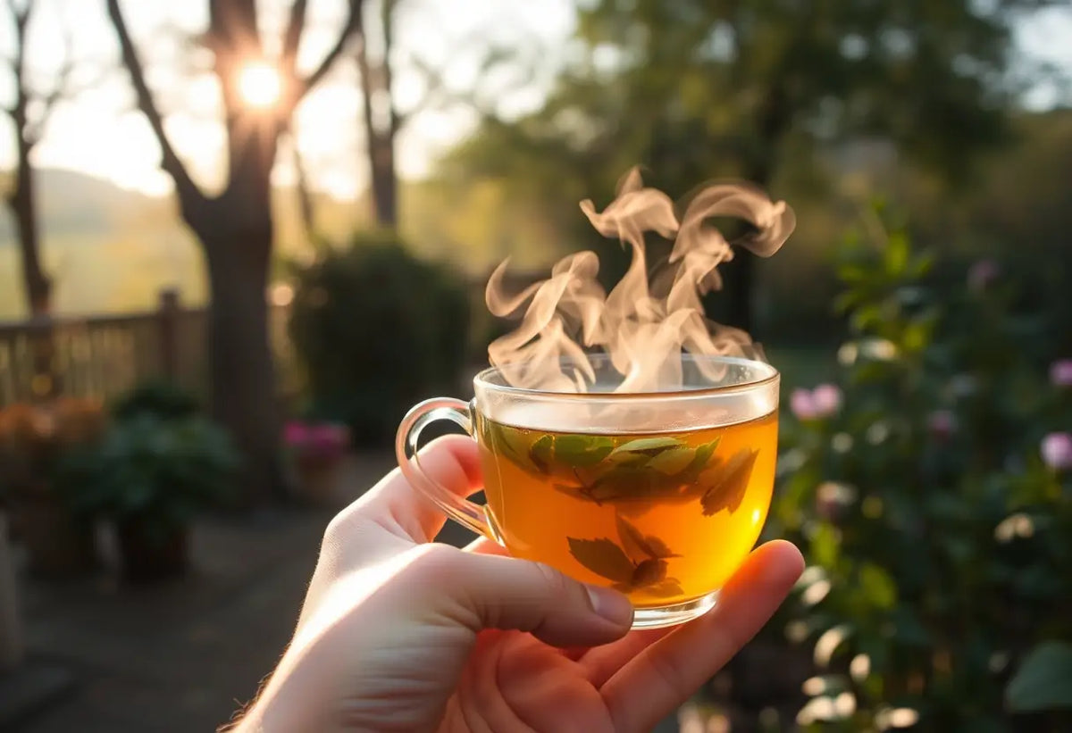 Une main tenant une tasse de thé aromatique dans un jardin calme, lumière du matin filtre entre les arbres
