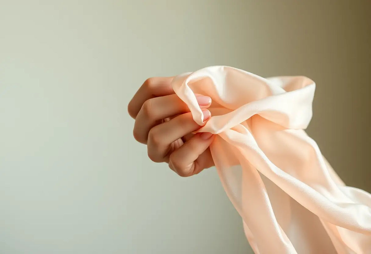 Main de l'amoureux tenant un foulard en soie, symbolisant l'affection et l'intimité