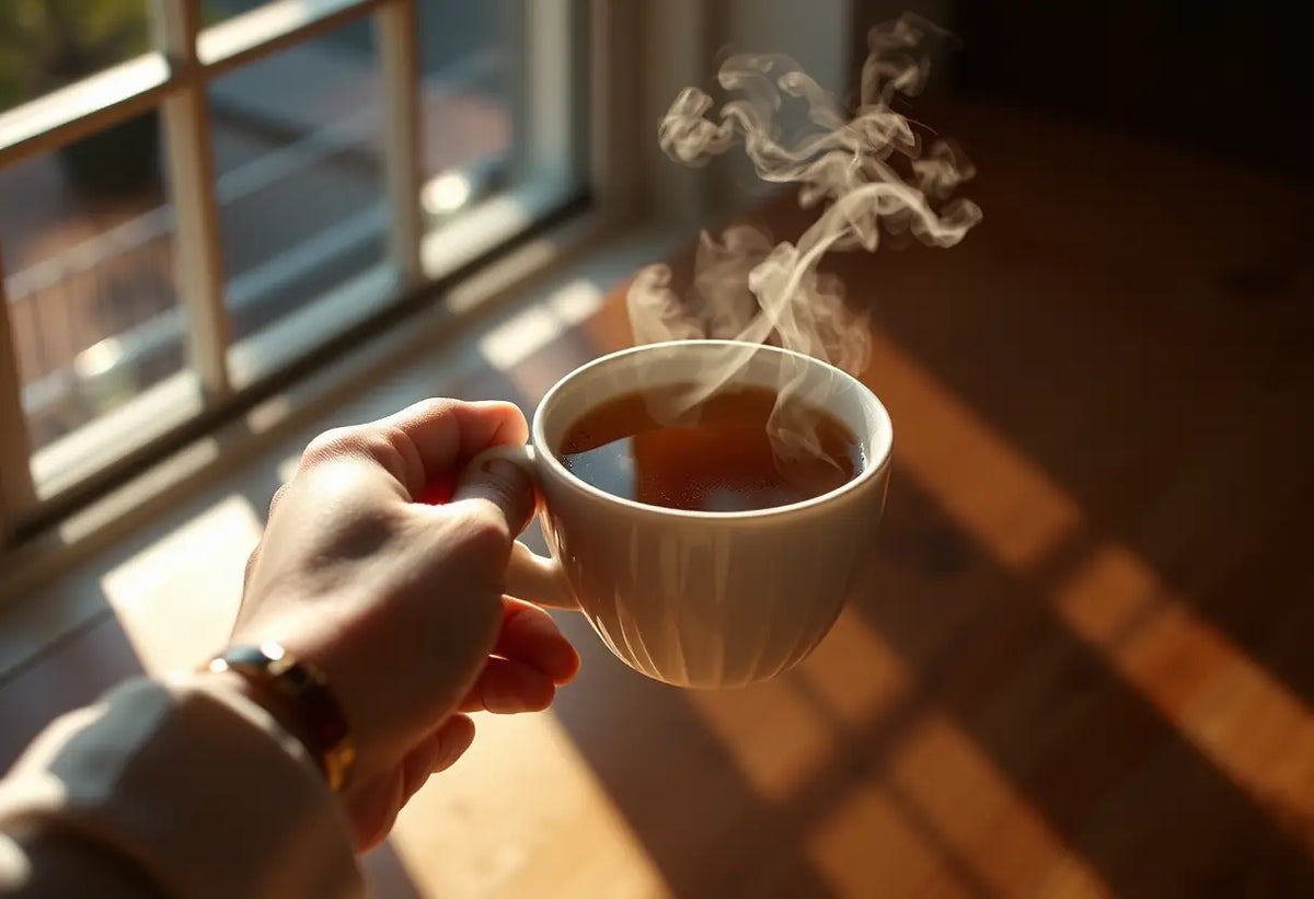 Une main tenant une tasse de thé chaud, éclairée par la lumière naturelle