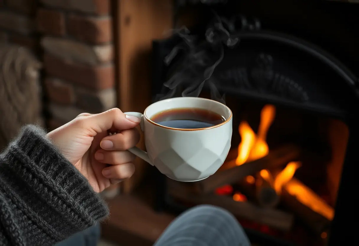 une main tenant une tasse de thé près d'un feu de bois