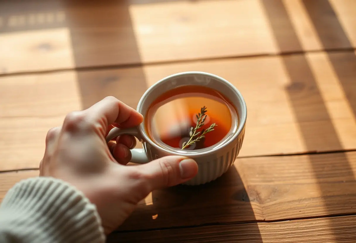 Une main tenant une tasse de thé herboriste posée sur une table en bois, éclairée naturellement