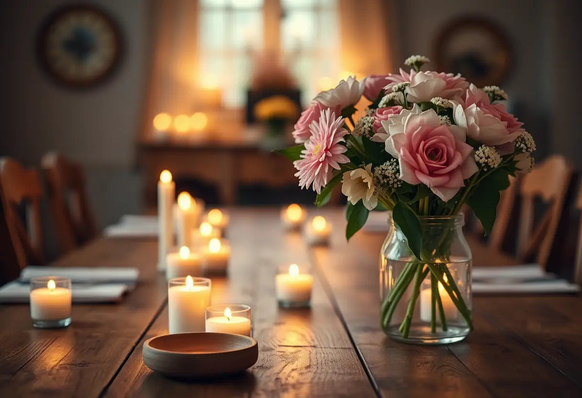 Un couvert romantique avec bougies et fleurs