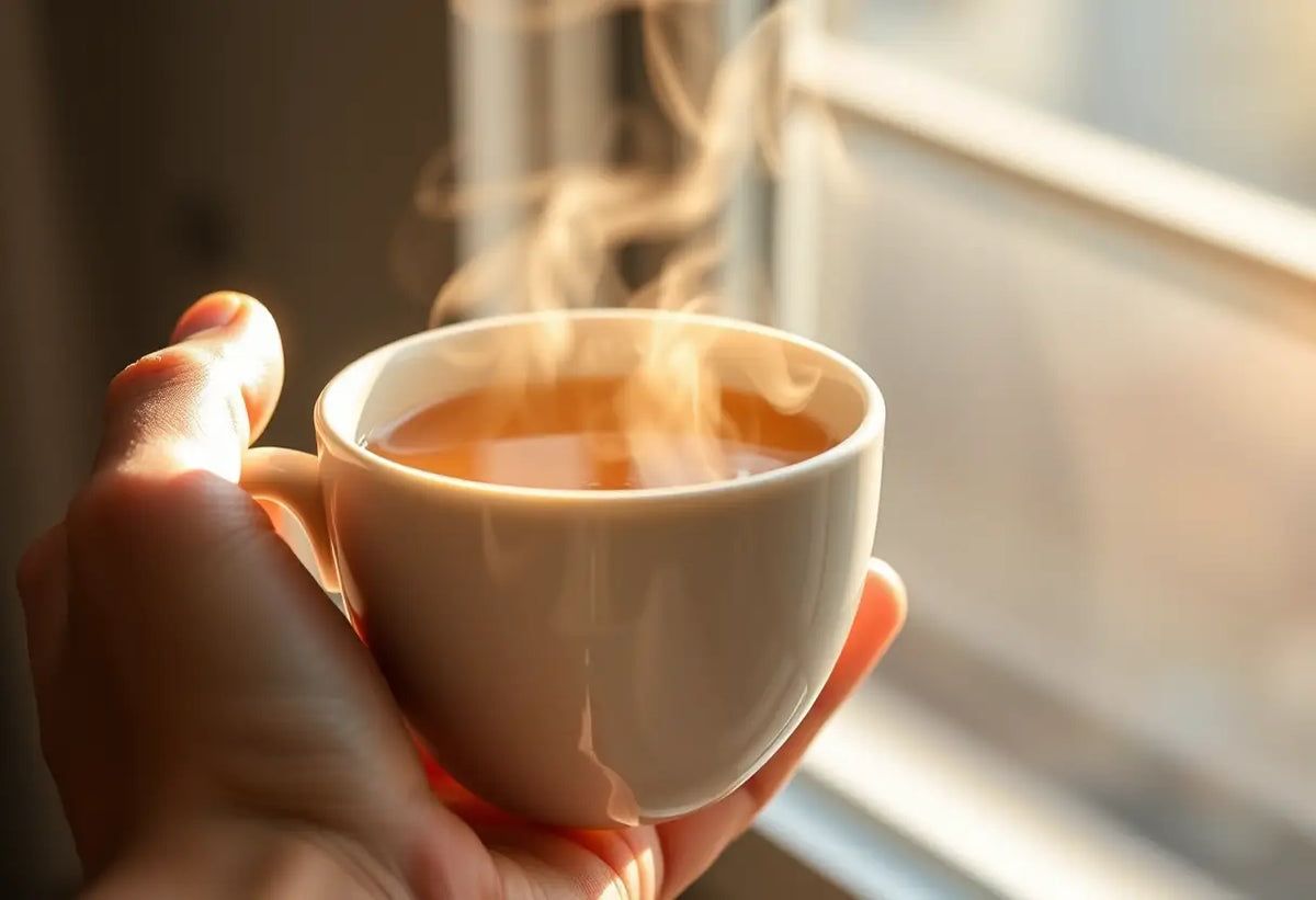 Une main tenant une tasse de thé chaud