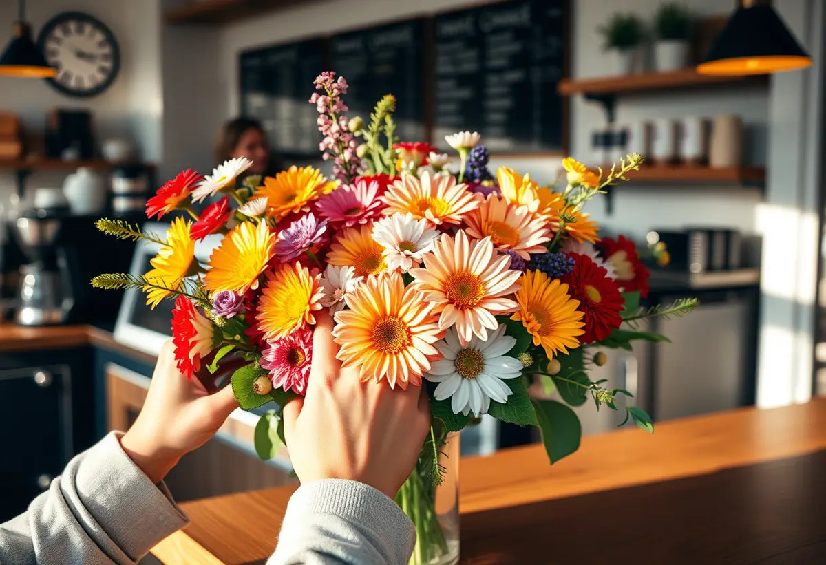 Mains arrangeant un bouquet de fleurs sur un comptoir de café, lumière du matin