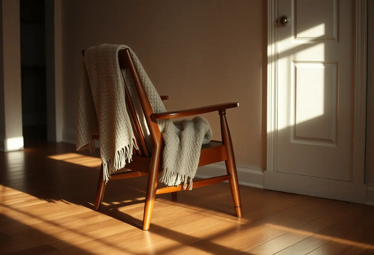 Un fauteuil en bois recouvert d'une couverture en laine dans un salon éclairé naturellement