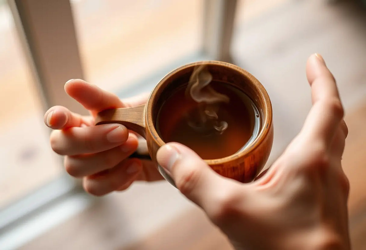 Une main tenant une tasse de bois pleine de thé chaud, symbole de connexion et de chaleur
