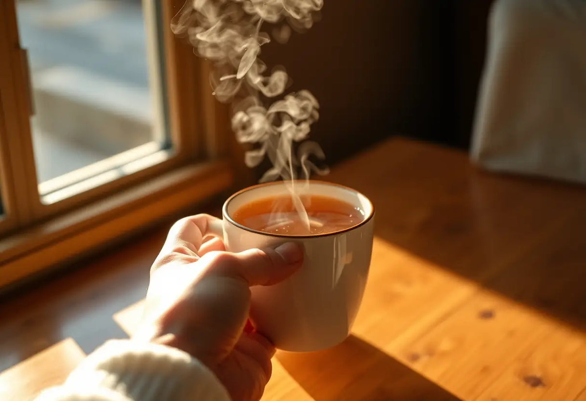 Une main tenant une tasse de thé herbeux chaud sur une table en bois éclairée par la lumière du soleil