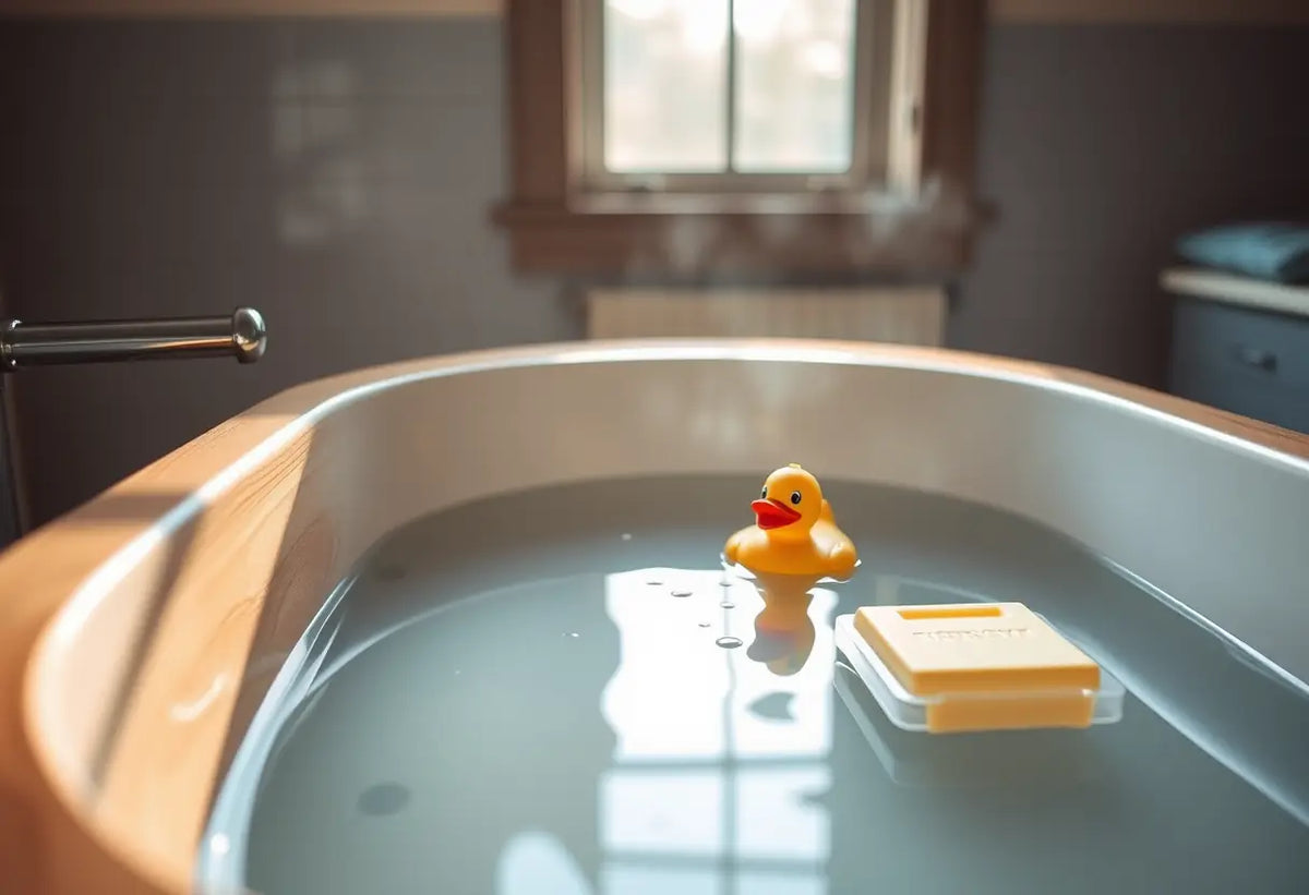 Un bain avec une canard en caoutchouc dans une salle de bains