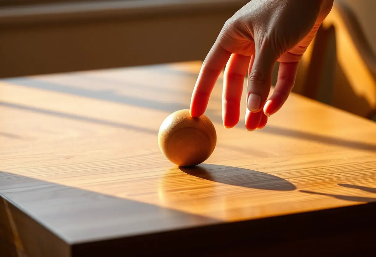 Des boules de geisha en bois sur une table, une main s'en saisit