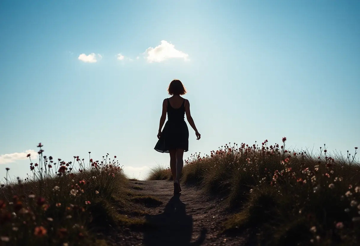Une femme marchant sur un sentier fleuri