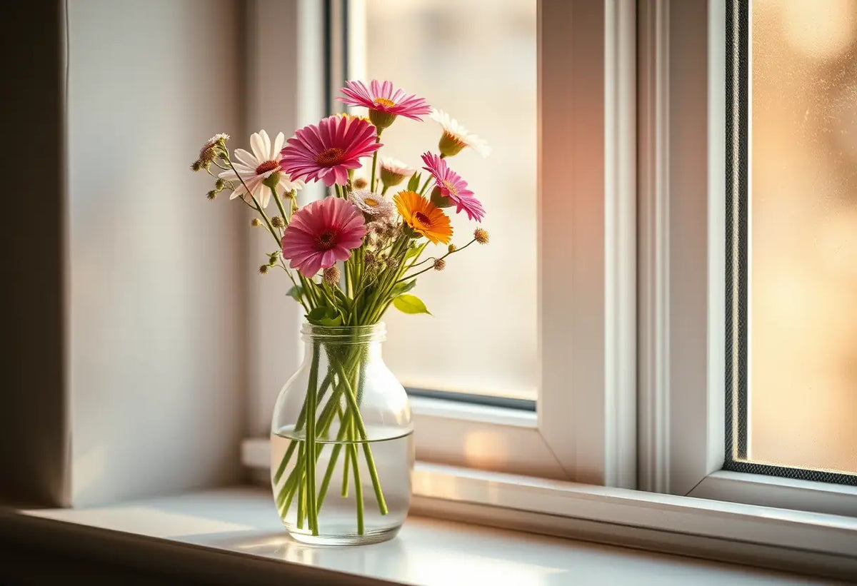 Vase de fleurs fraîches sur un rebord de fenêtre, lumière chaude de l'après-midi, thème de la communication non violente