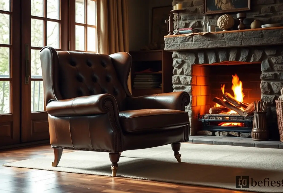 Fauteuil en cuir dans un salon douillet, près d'une cheminée allumée, illustrant le besoin de chaleur et de confort dans le couple