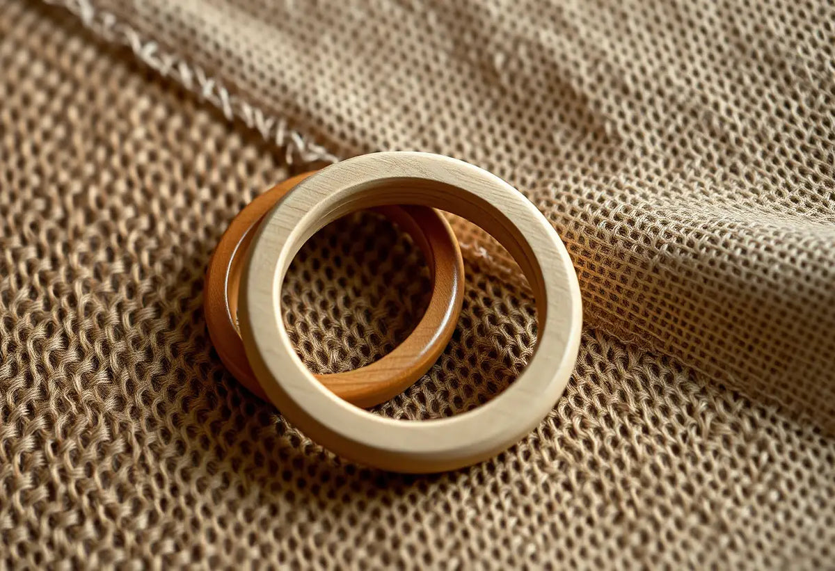 Anneau de bois entrelacés sur une nappe tissée, symbole du partenariat mutuel