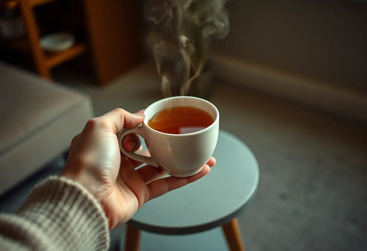 Une main tenant une tasse de thé chaud dans une pièce accueillante.