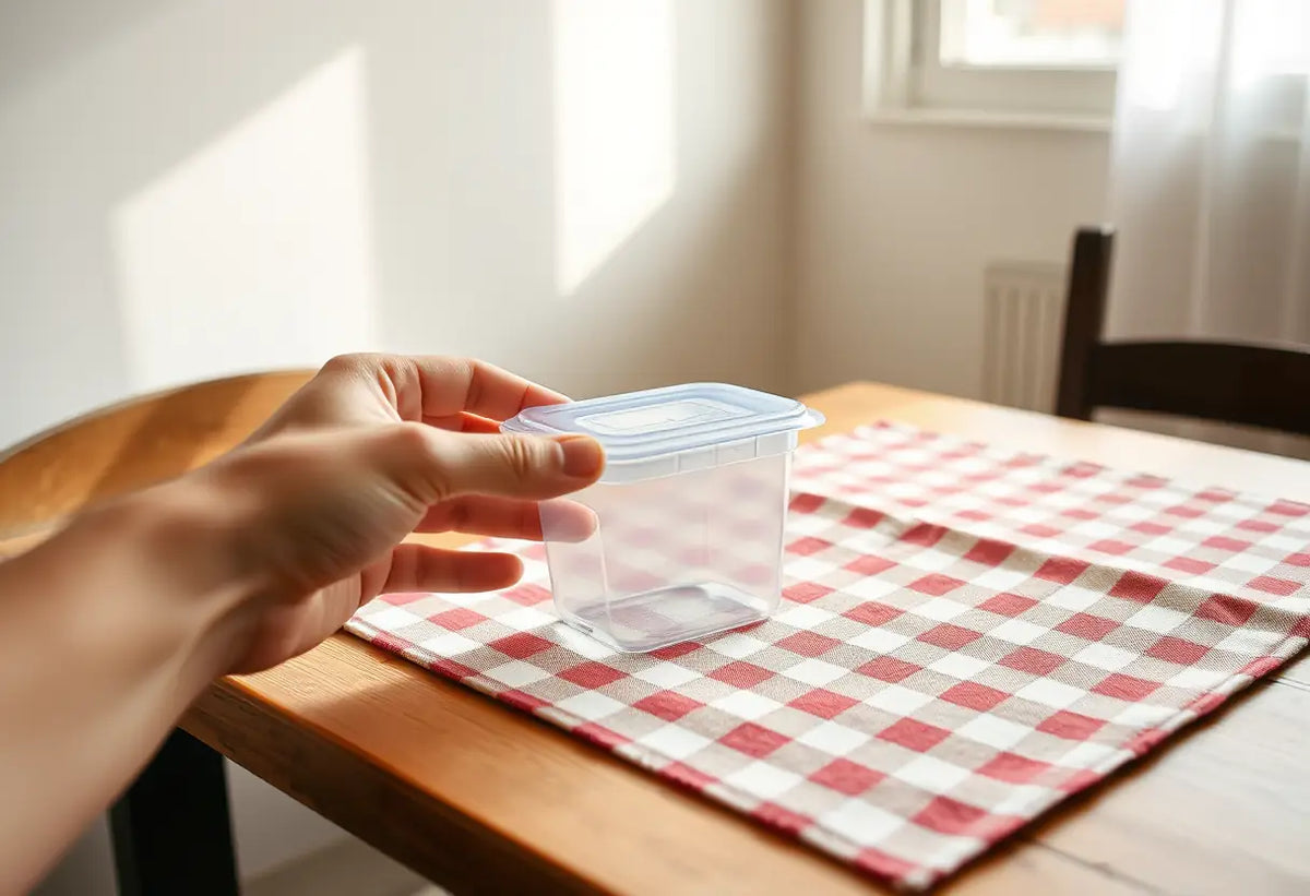 Une main tient un petit contenant en plastique sur une table